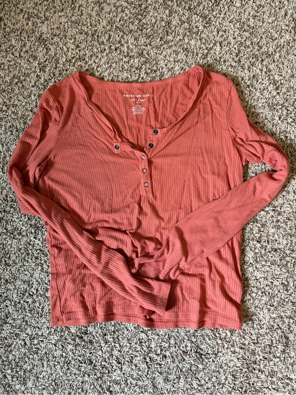 American Eagle Outfitters Ribbed Henley Long Sleeve Top - Terracotta